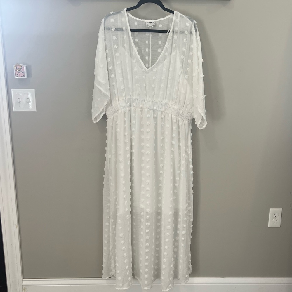 ARULA White Midi Dress with Swiss Dot Texture